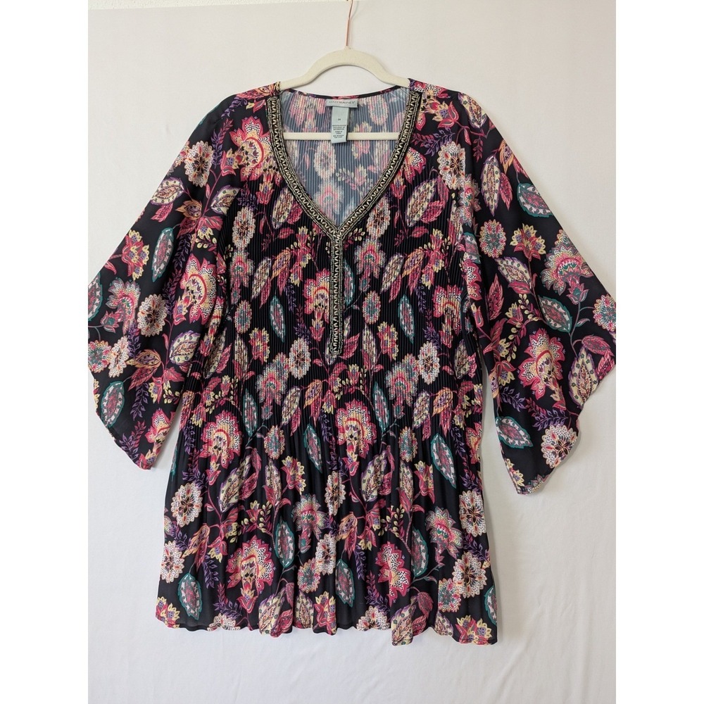 Catherines 2X Paisley Floral Pleated Beaded V Neck 3/4 Sleeve Tunic Top Blouse